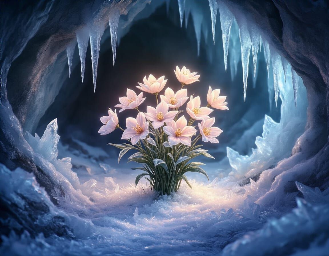 Mystical Cavern Flowers Bloom Amidst Shimmering Icicles