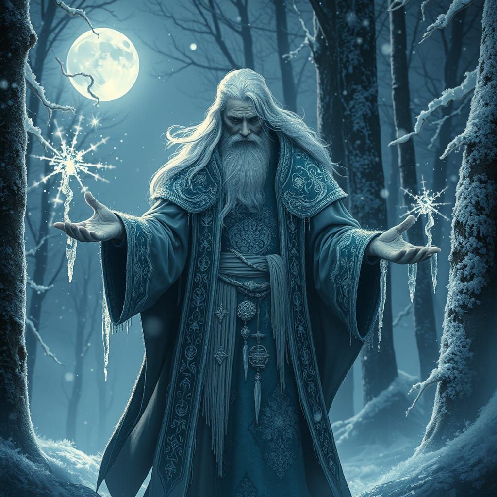 Enchanted Winter Wizard Unfolds Magic in Mystical Forest