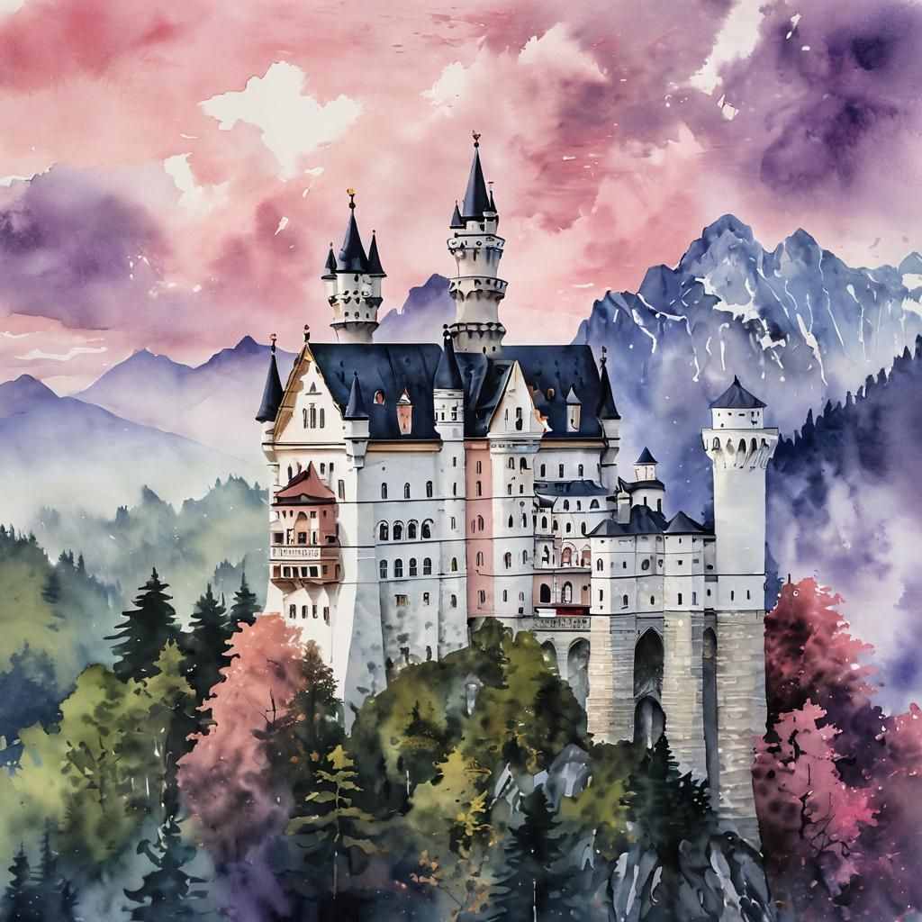 Neuschwanstein Castle in Watercolor with Colorful Sky