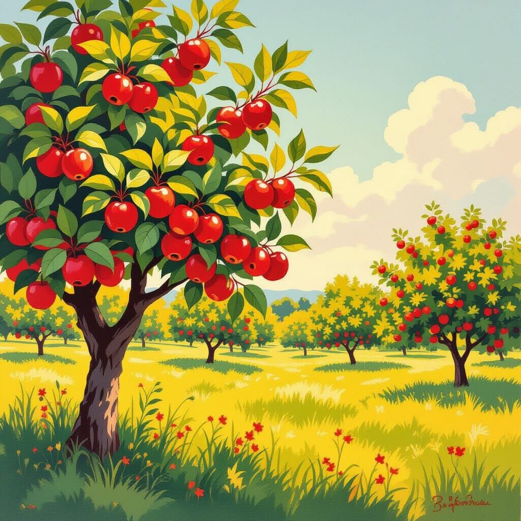 Vibrant Apple Orchard in Golden Afternoon Light