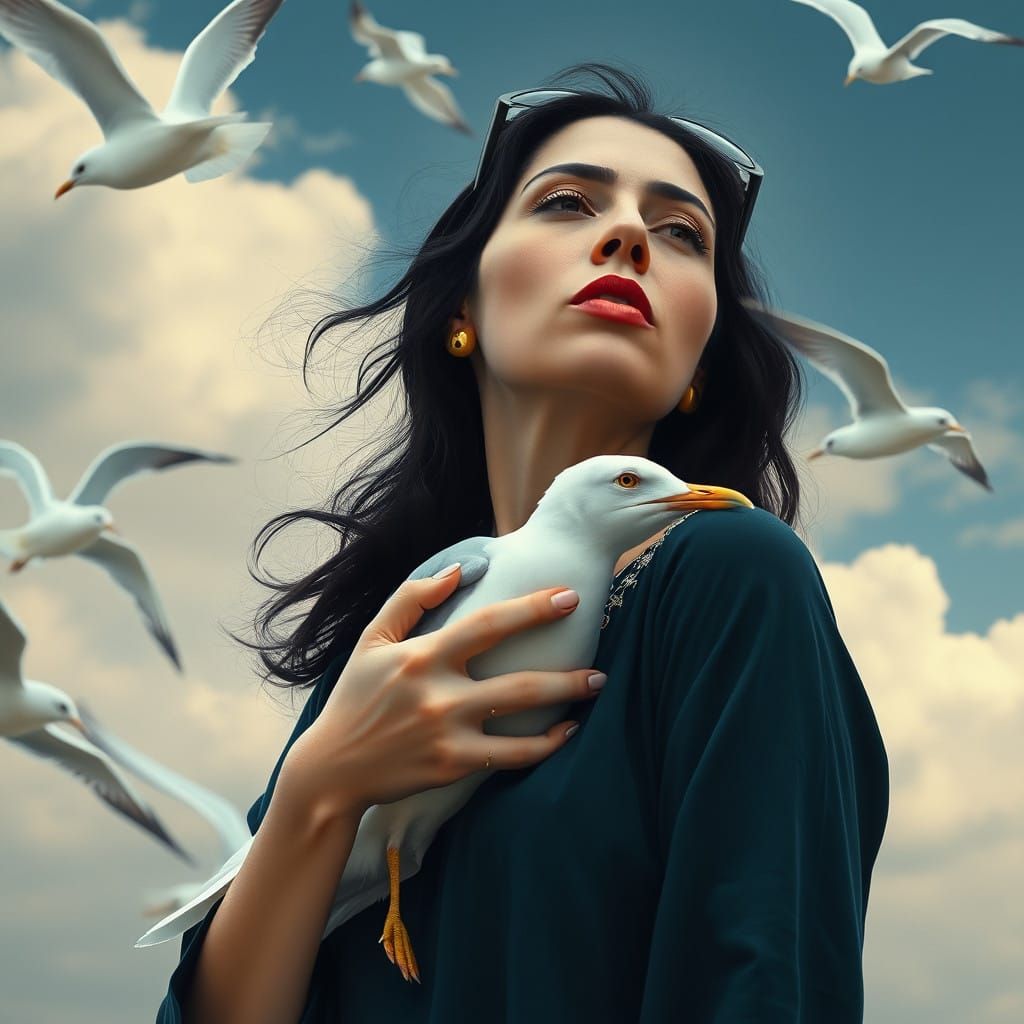 Woman in Nightwear with Seagull in a Dreamlike Scene