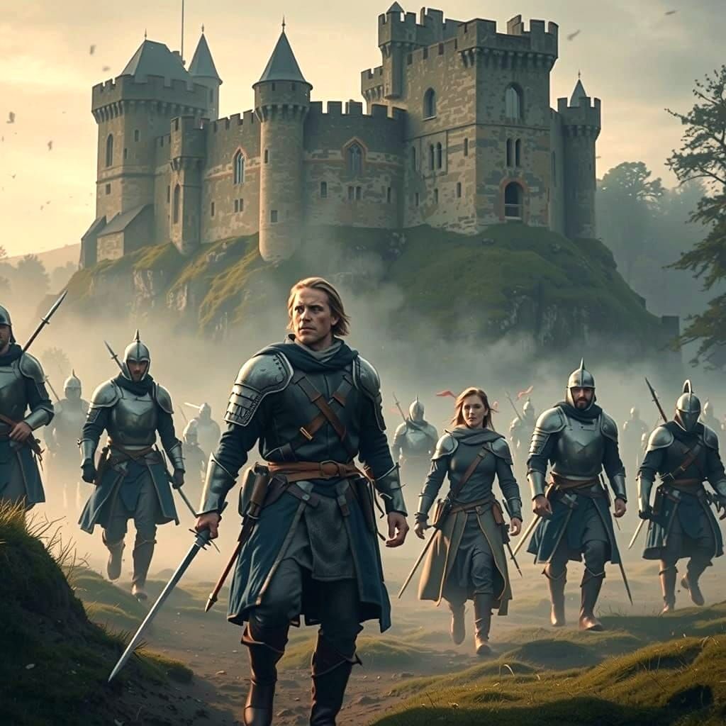Medieval Knights on Misty Battlefield in Golden Light