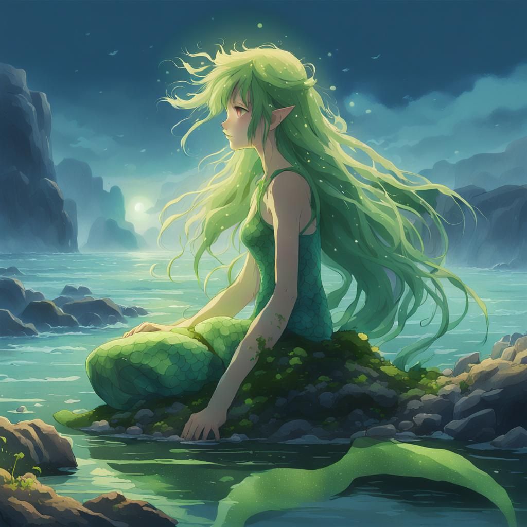 Anime Mermaid Satyr in Dreamy Foggy Landscape