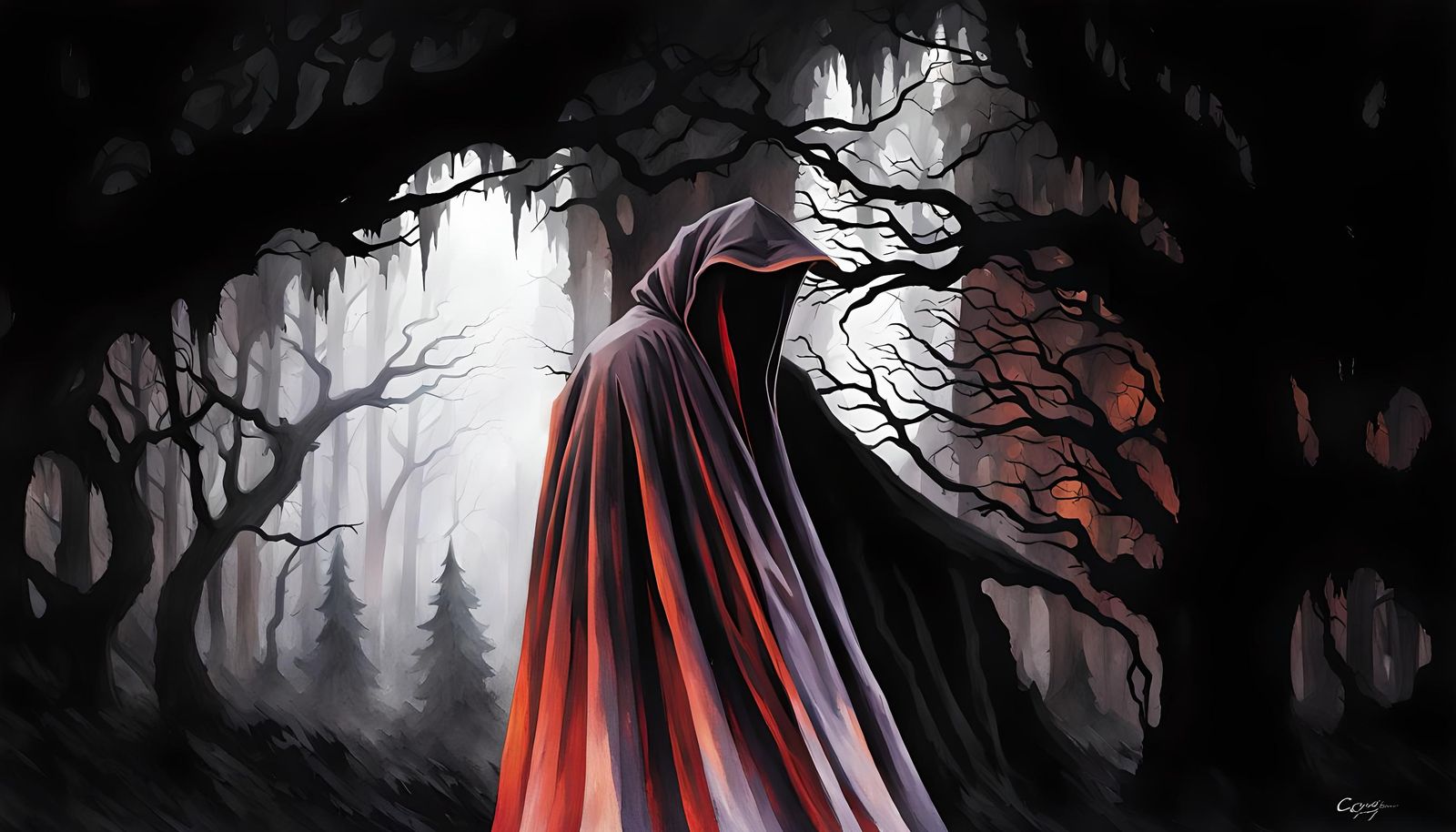 Eerie Shadow Figure in Dark Autumn Forest