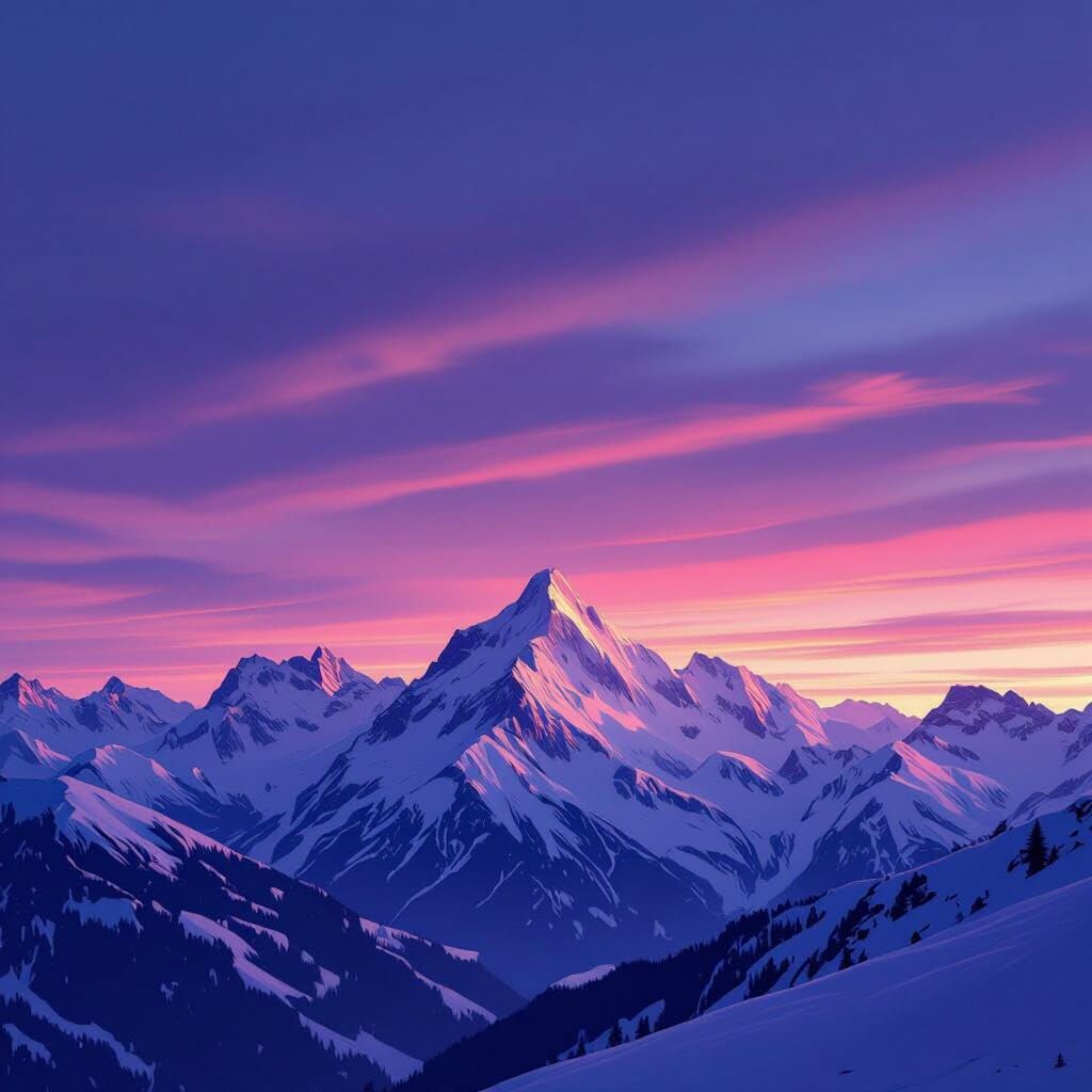 Purple Sunset Over Snowy Alps in Painterly Style