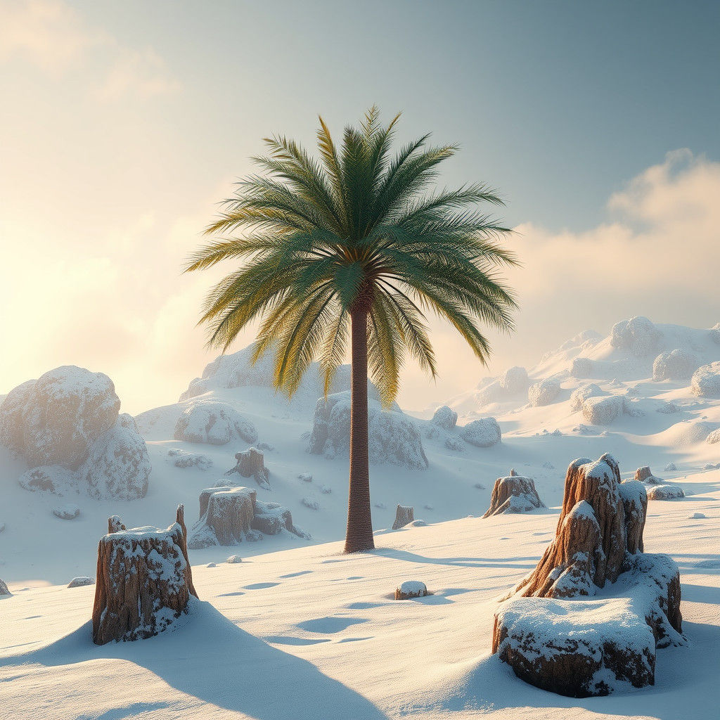 Palm Tree in Winter Wonderland, Detailed Concept Art
