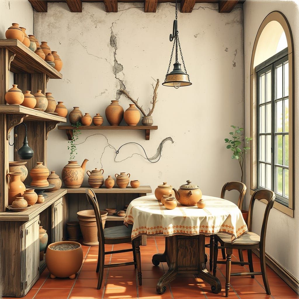 Rustic Mediterranean Dining Room with Ceramic Pots