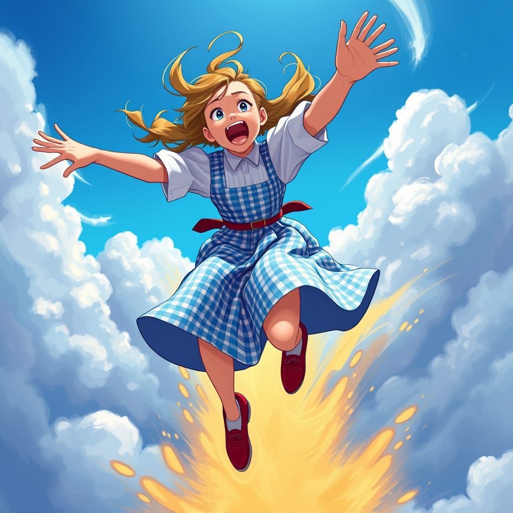 Surreal Blue Gingham Fairy Soars through the Sky