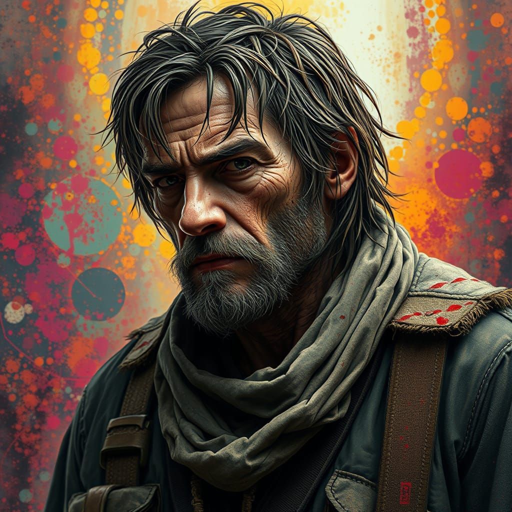 Grizzled Survivor in Dramatic Hyperrealistic Splash Art