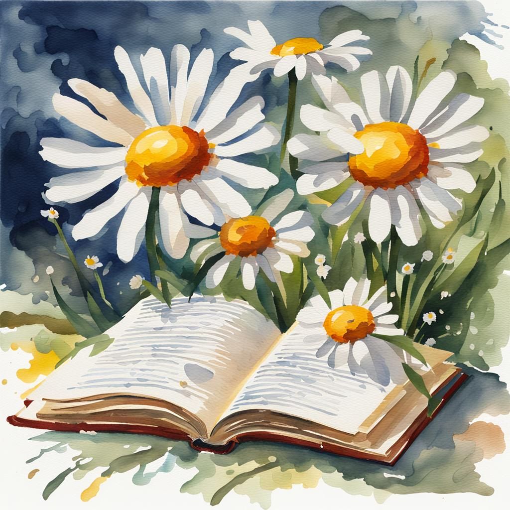 Daisy and Book in Gouache Watercolor Style