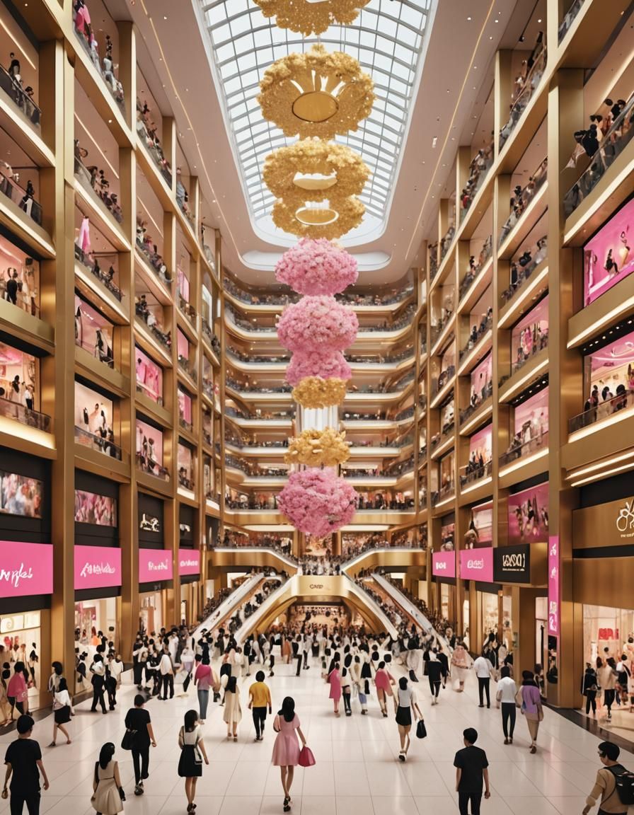 Crowded Bangkok Mall in Hyperrealistic 3D Anime Style