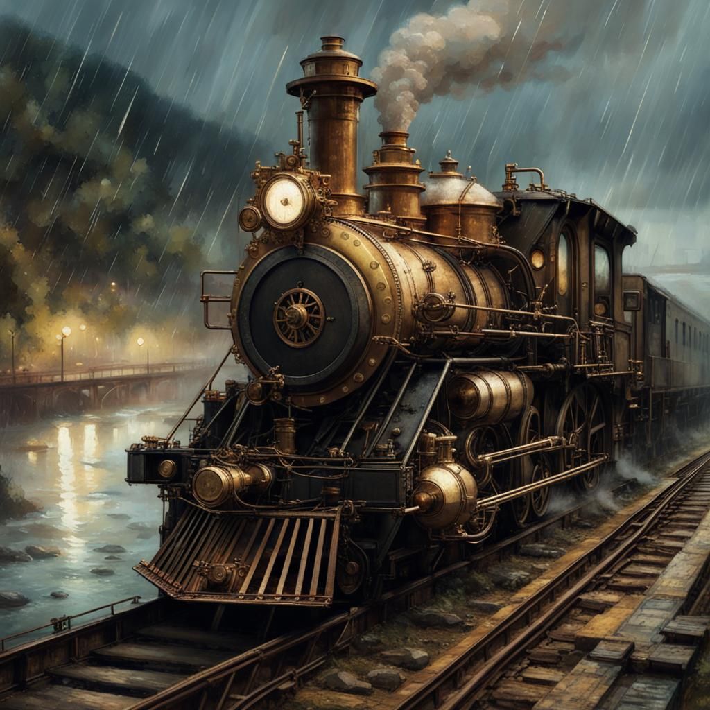 Rainy Night Steam Engine in Steampunk Style