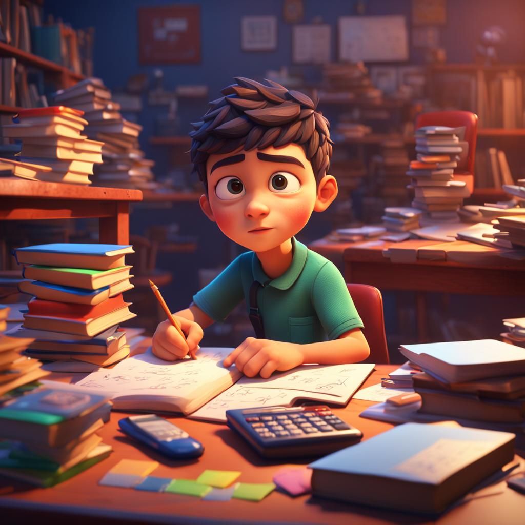 Boy Tearing Math Notebook: Pixar Style 3D Art