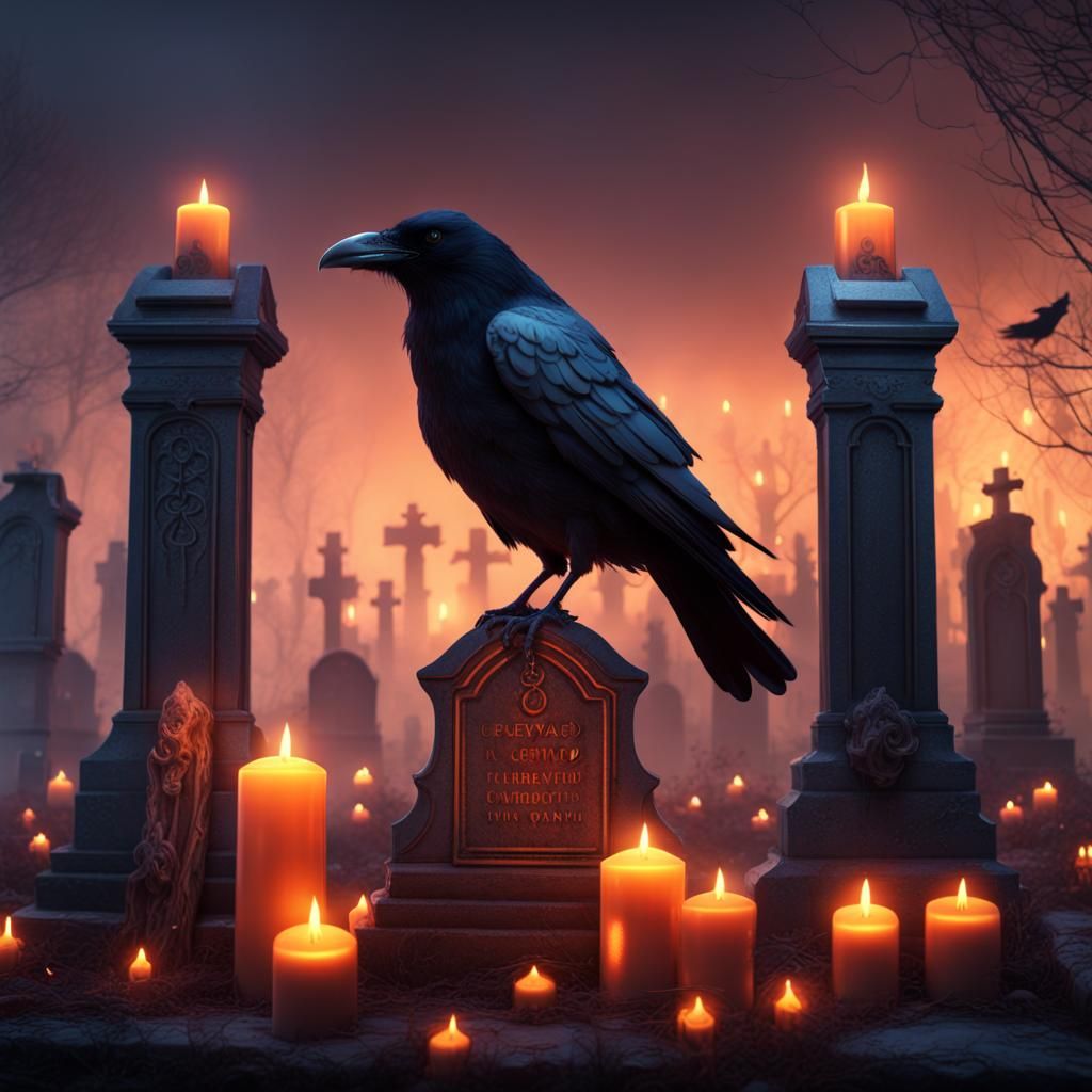 Graveyard Scene with Raven in Detailed Matte Painting