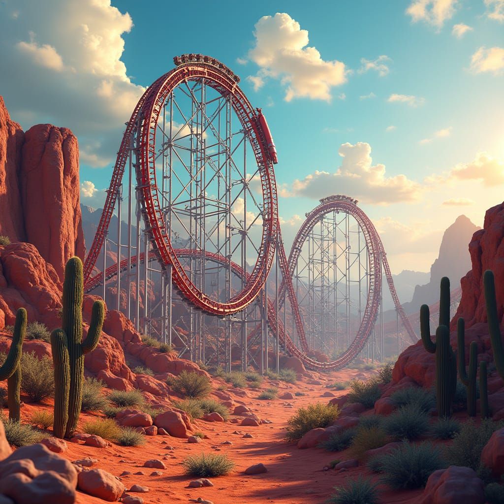 Roller Coaster Twists Through Vibrant Desert Landscape