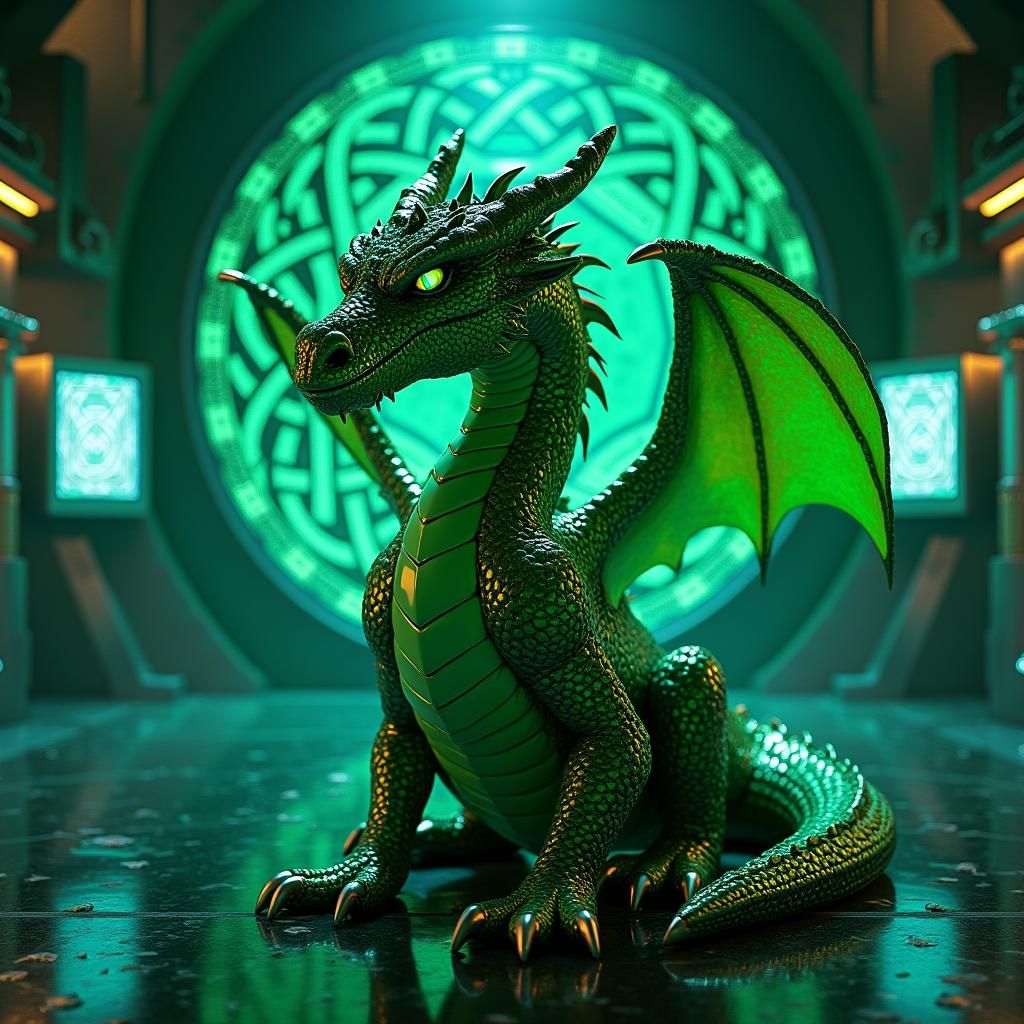 Emerald Dragon in Futuristic Tech Room