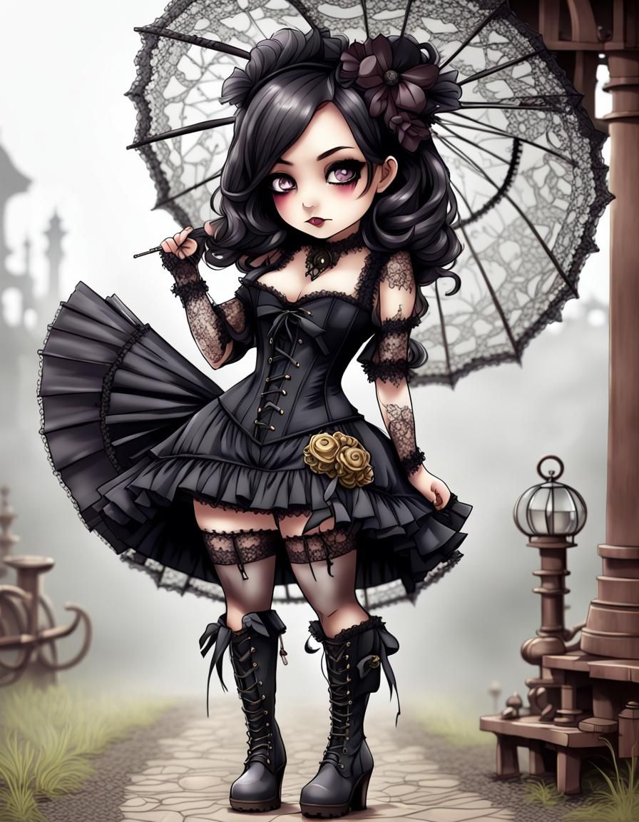 Chibi Goth Woman with Steampunk Engine