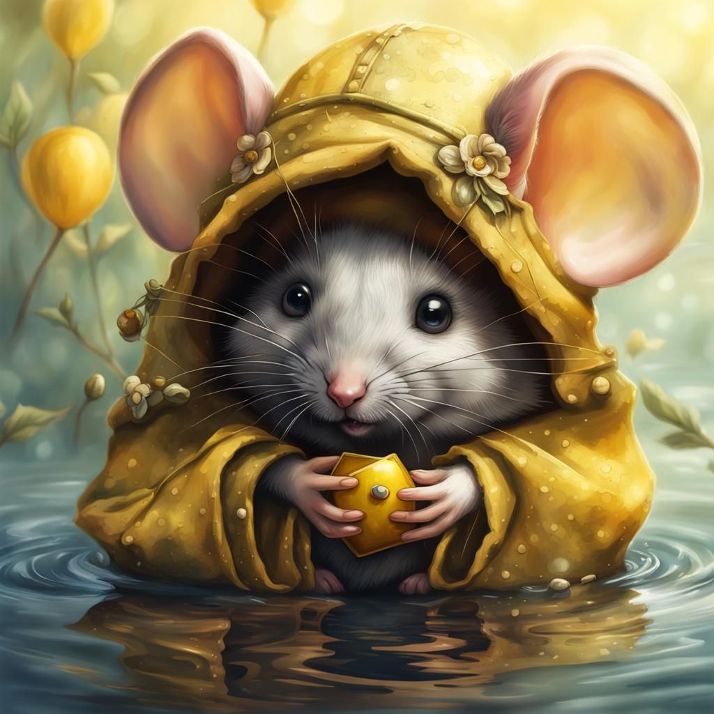 Cute Baby Mouse in Hand, Watercolor Art