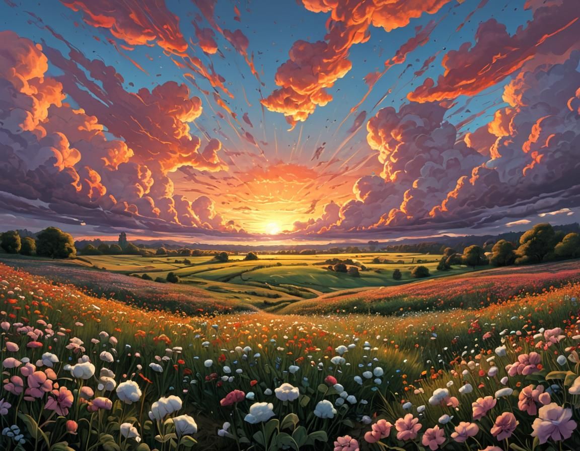 Sunset Flower Meadow Underneath in Comic Book Art