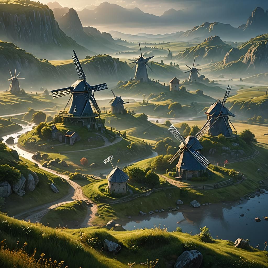 Magical Windmills in Mystical Landscape: Fantasy Concept Art