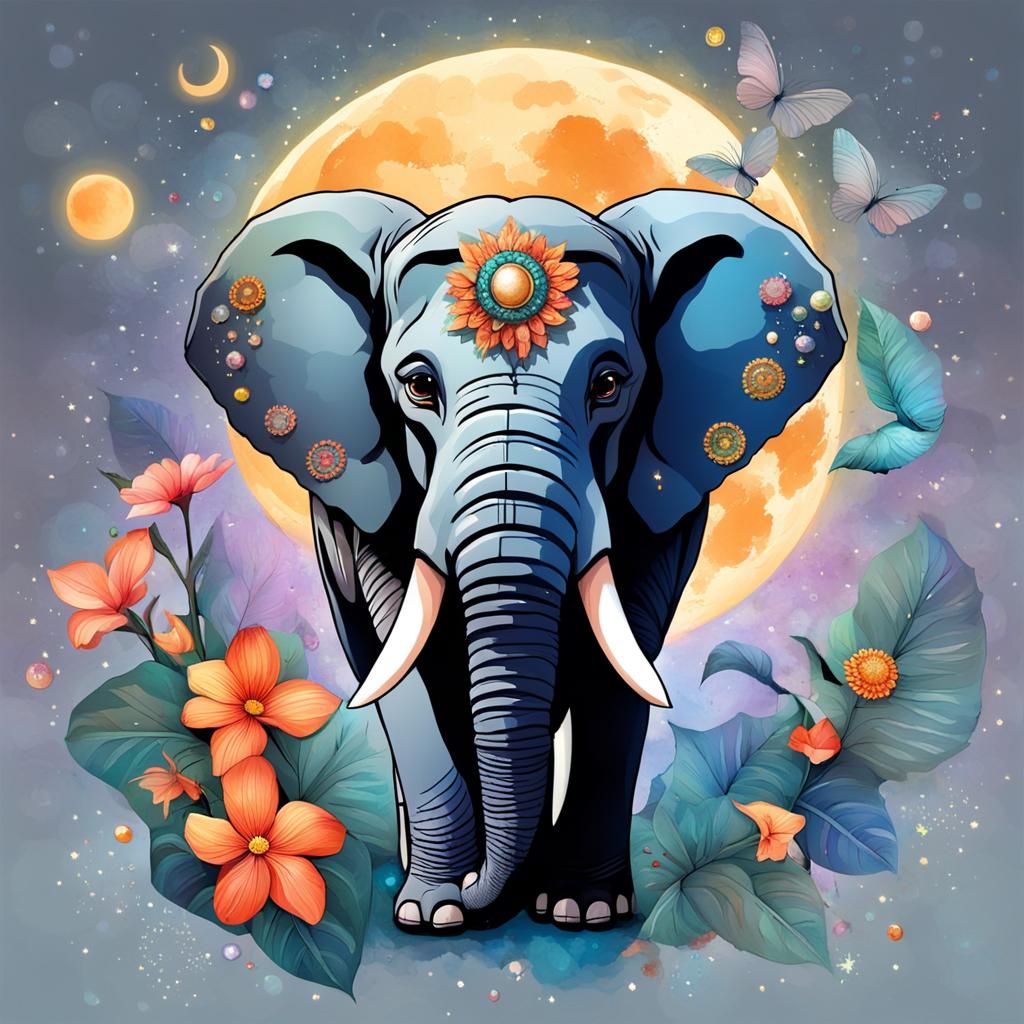 Elephant Face with Moon and Exotic Adornments