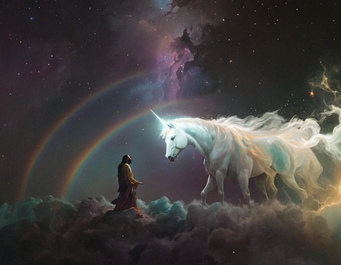 Djinn Jesus with Fiery Unicorn in Surrealist Oil Painting