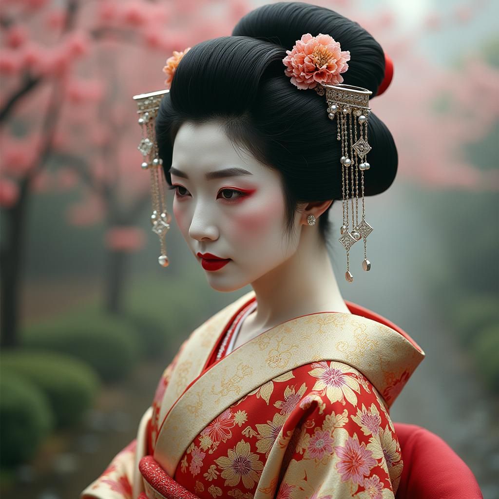 Elegant Geisha in Kimono, Japanese Art Style