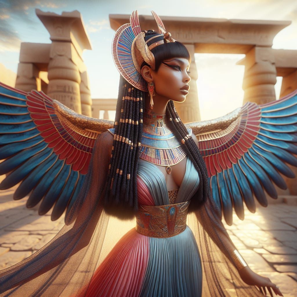 Egyptian Goddess Mut with Vulture Wings in Ancient Temple Se...