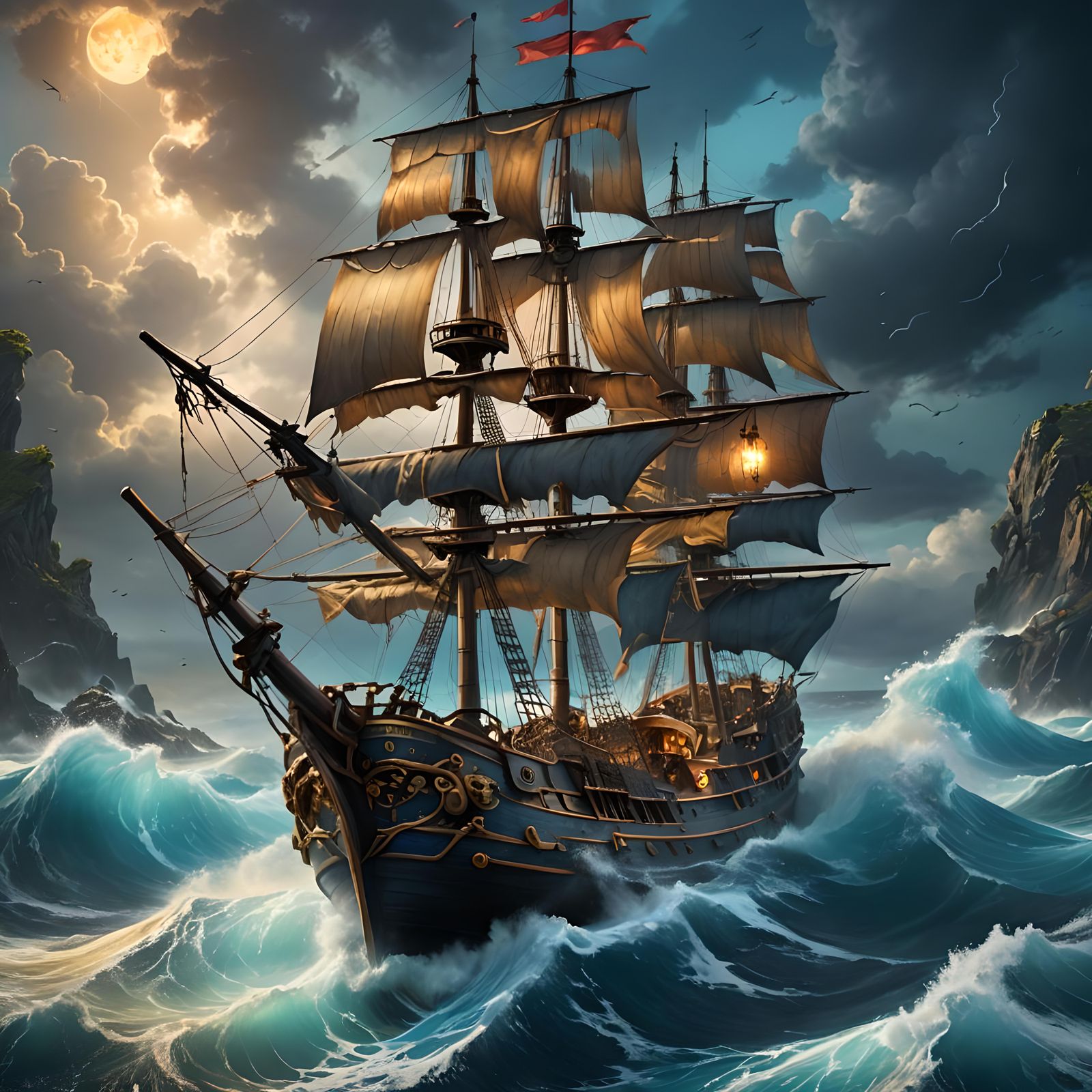 Pirate Ship on Turbulent Seas: Detailed Matte Painting