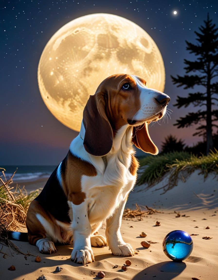 Regal Basset Hound Moonlight Portrait