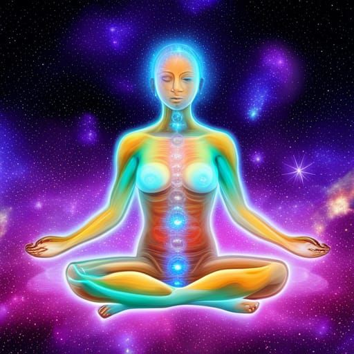 Holographic Yoga Poses in Astral Cosmic Illustration