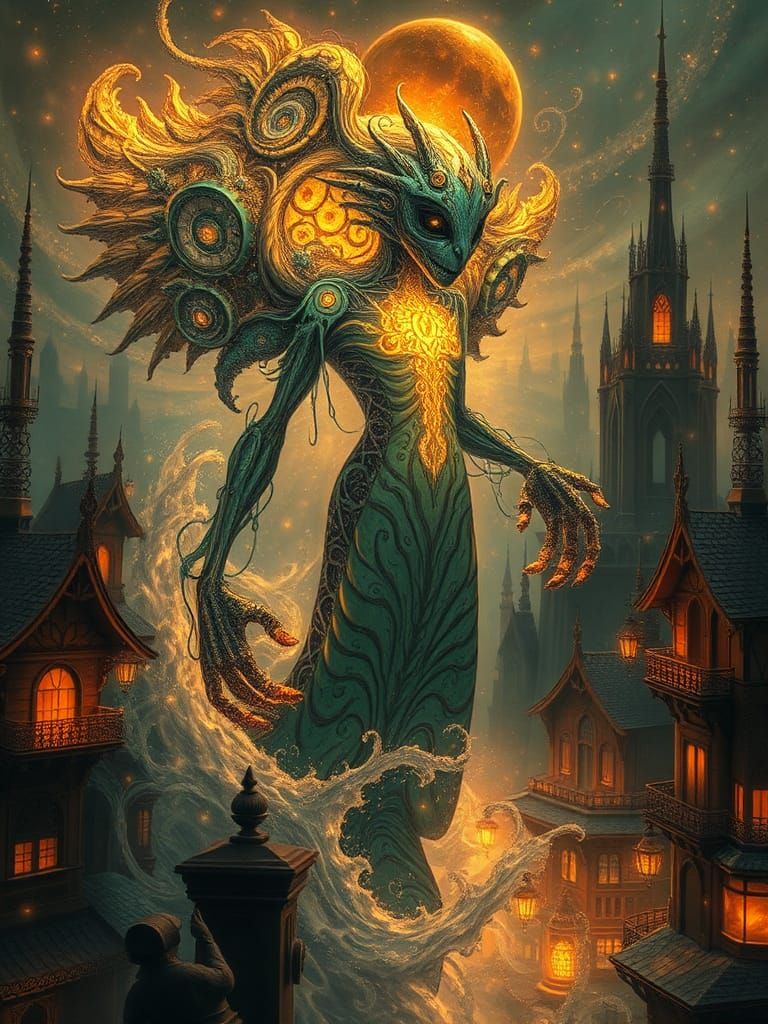 Biomechanical Being Emerges from Psychedelic Dieselpunk City