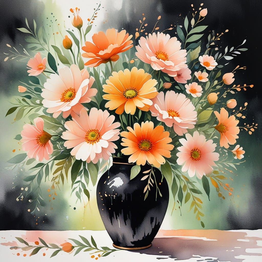 Vibrant Watercolor Flowers in Black Vase