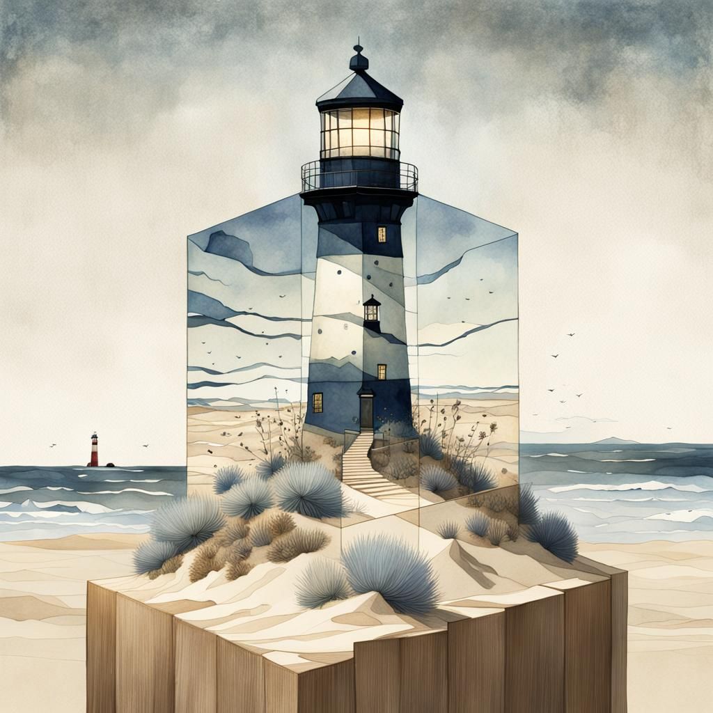 Seaside Dunes with Lighthouse in Art Nouveau Style