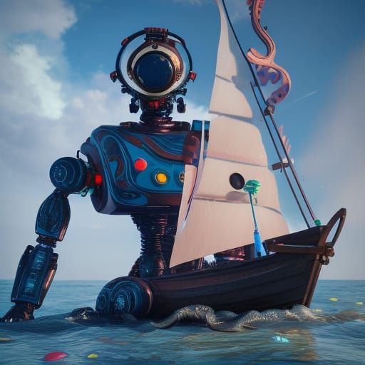 Robot in Ocean After Sailing Ship: Fantasy Concept Art