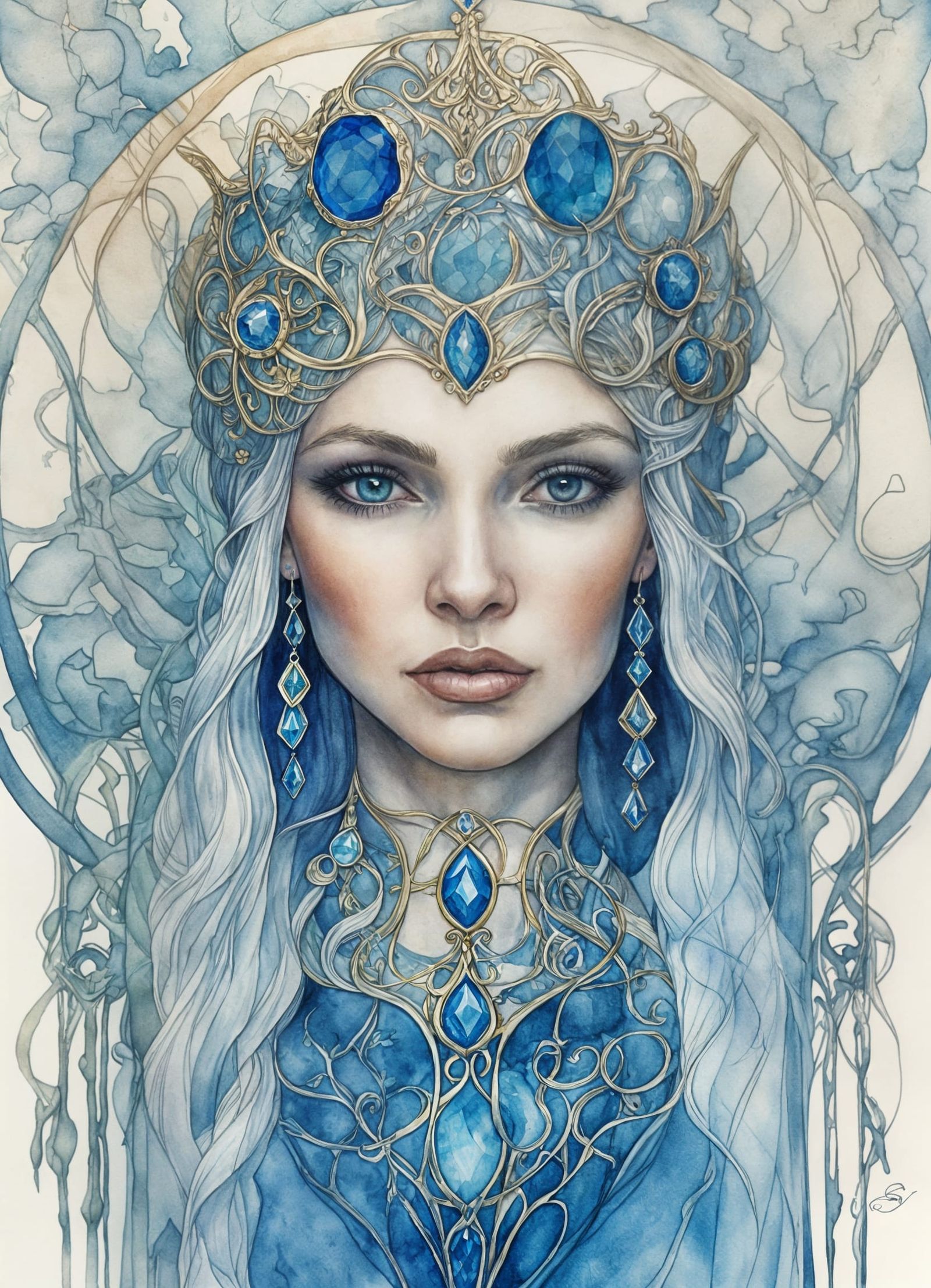 Ethereal Elven Queen Portrait in Art Nouveau Style