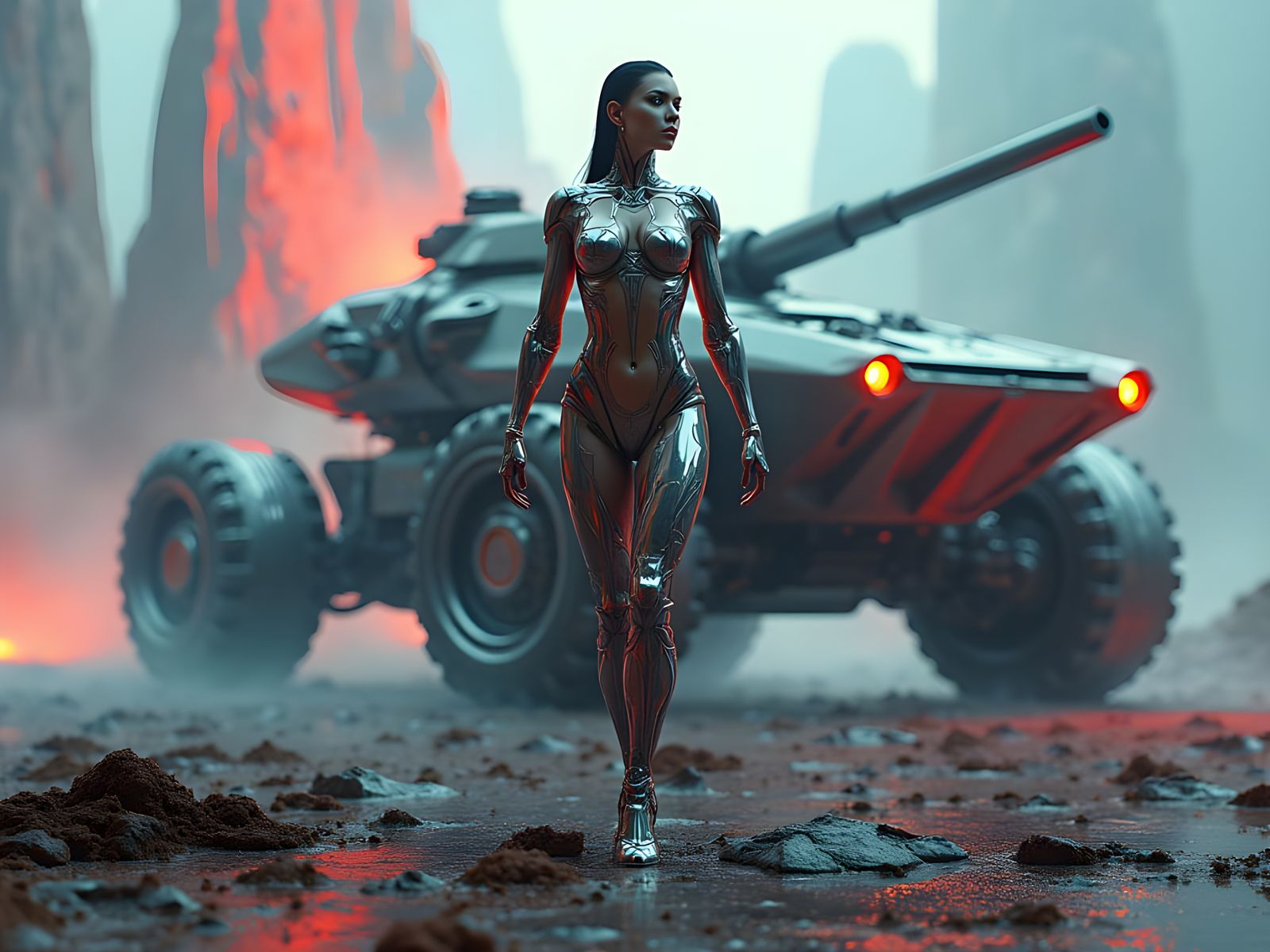 Striking Woman on Surreal Biomechanical Battlefield