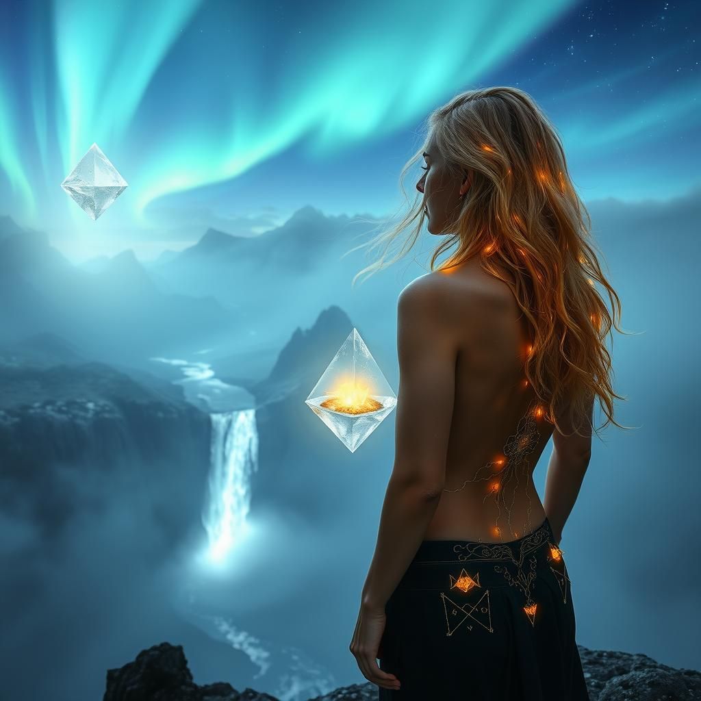 Bioluminescent Woman at Cliff Edge with Aurora