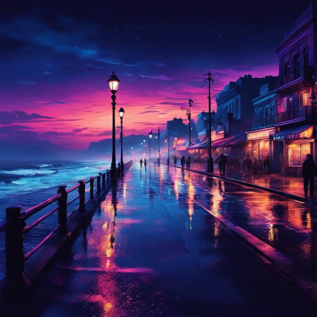 Vibrant Seaside Boulevard at Night