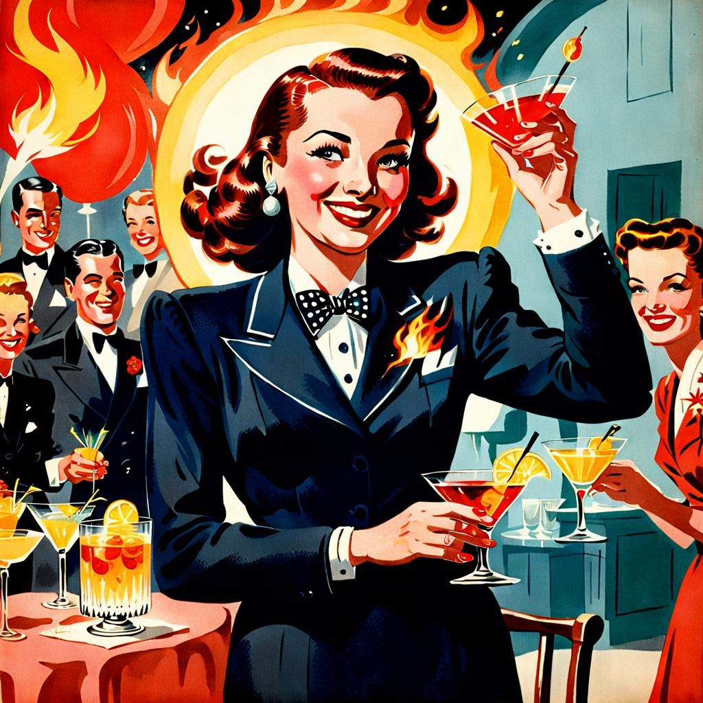 1940s Cocktail Party Hostess Illustration on Fire