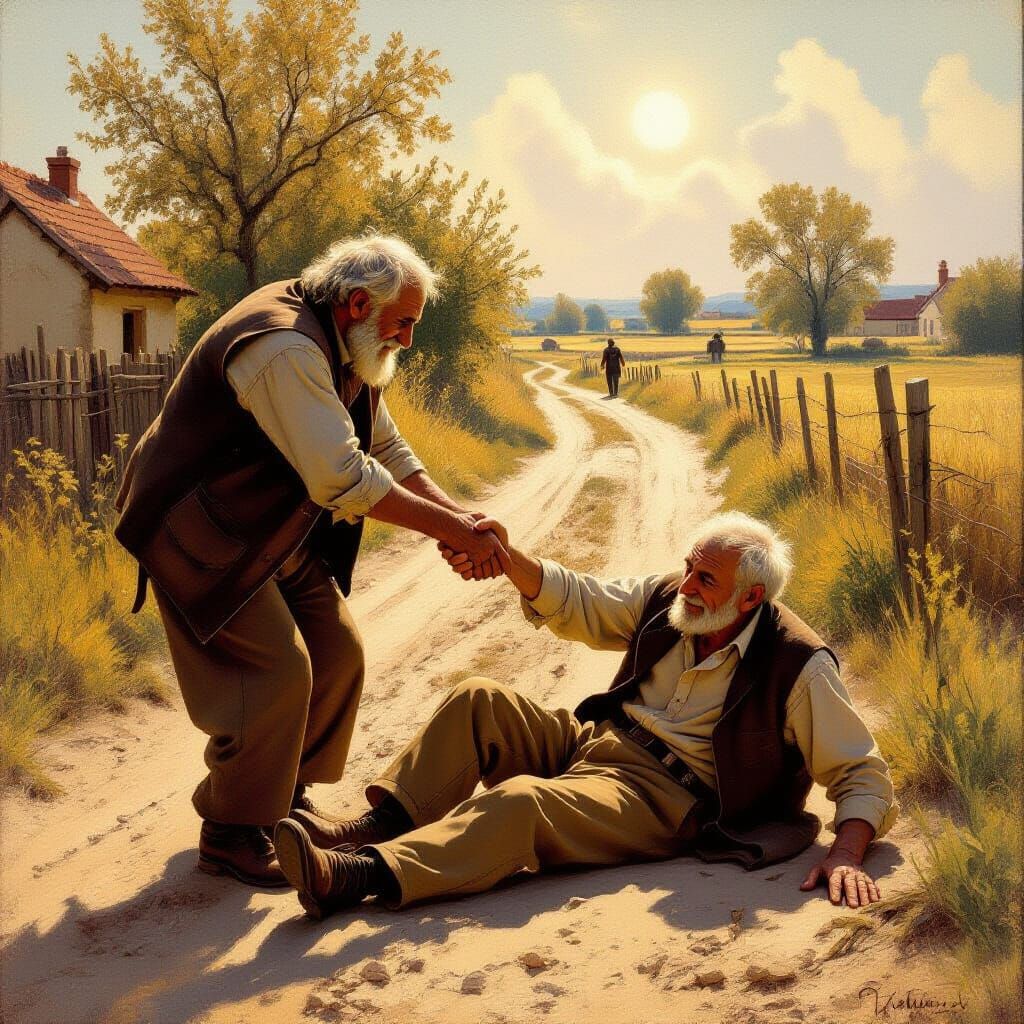 Compassionate Aid on a Dusty Path, Realistic Oil Painting