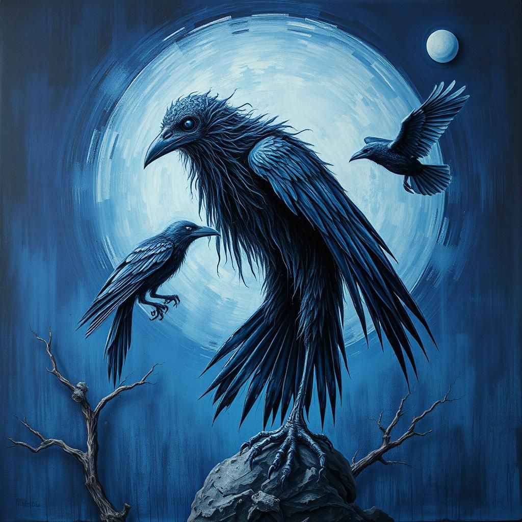 Ghostly Scarecrow with Raven in Impasto Style