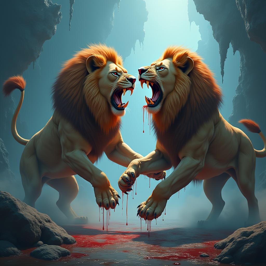 Majestic Lions Clash in Surreal Landscape