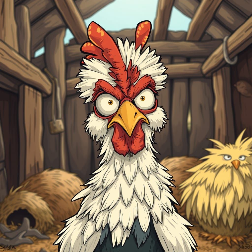 Whimsical Comic Illustration of a Grumpy Chicken