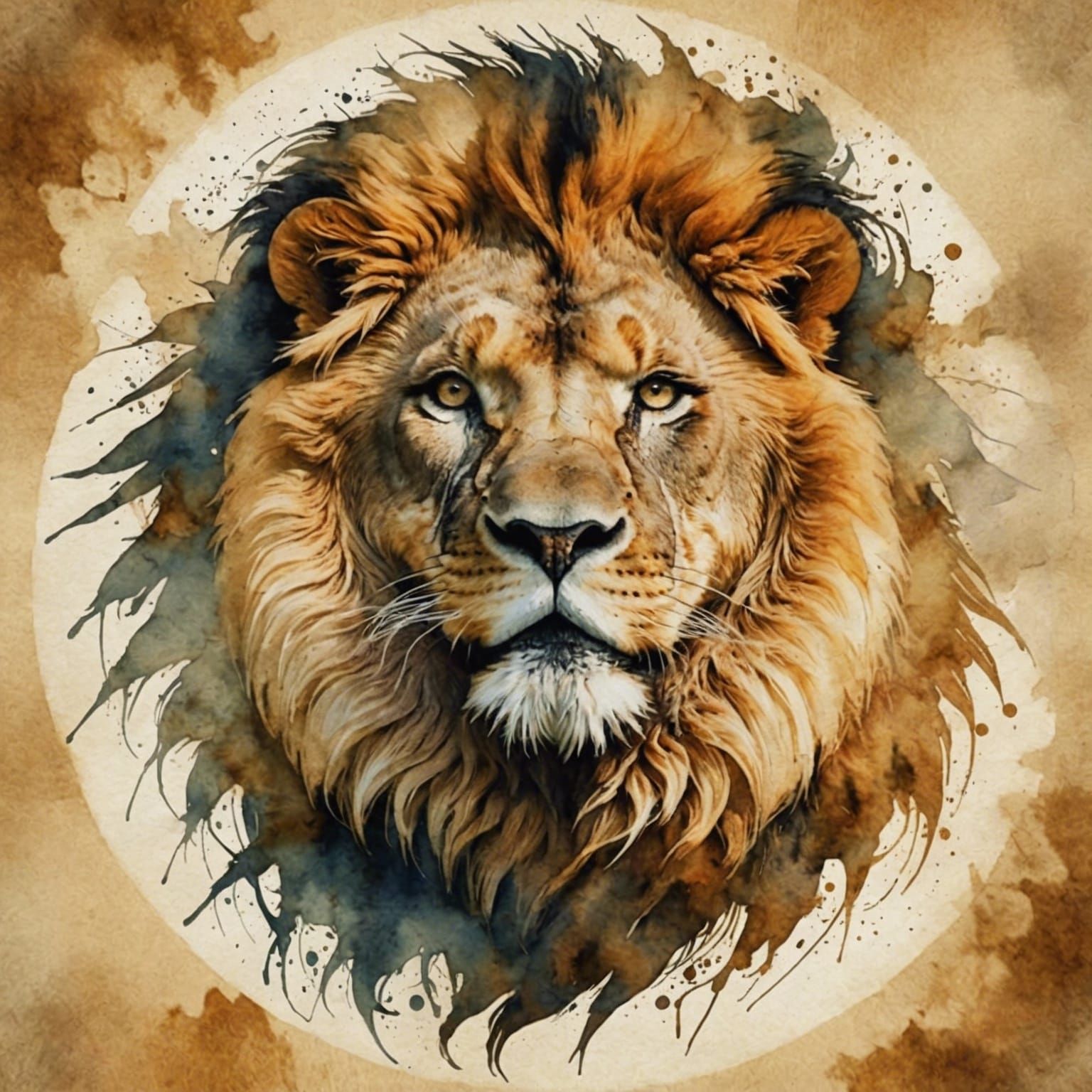 Roaring Lion Head in Double Exposure Watercolor