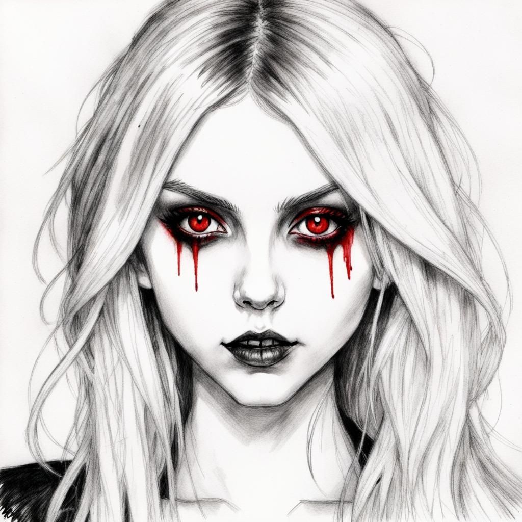 Vampire Vixen: Pencil Sketch with Red Highlights