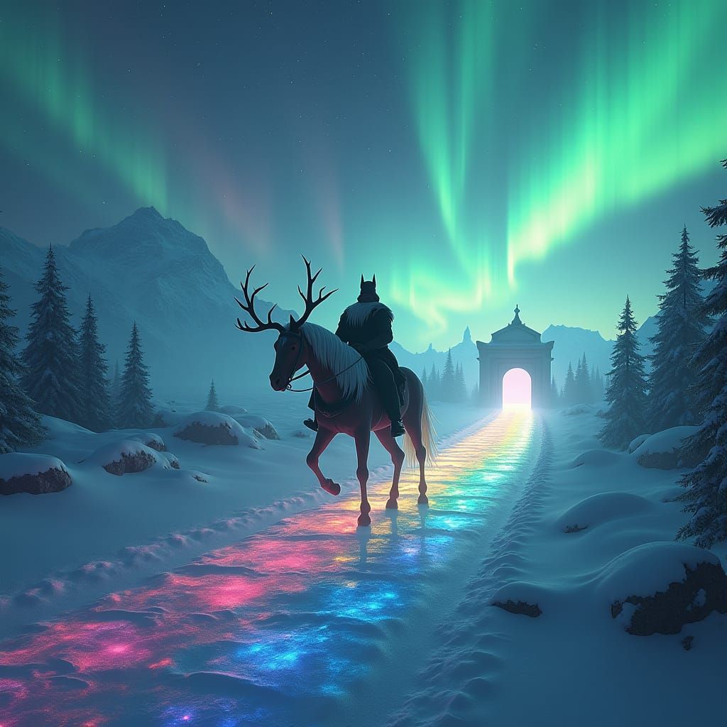 Sleipnir on Bifrost Bridge in a Dreamlike Style