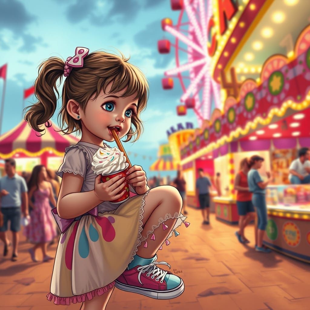 Girl Eats Funnel Cake at Vibrant Carnival