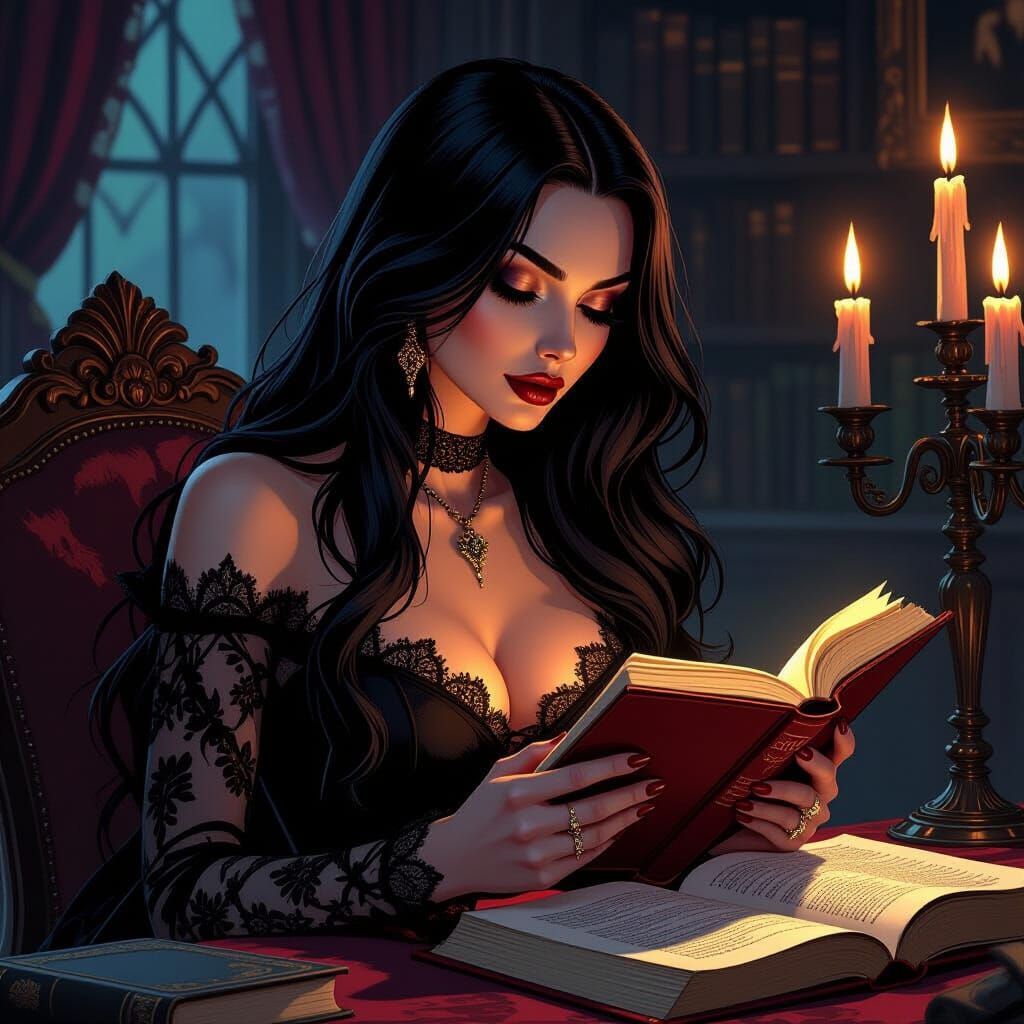 Goth Woman Reading by Candlelight in Comic Art Style