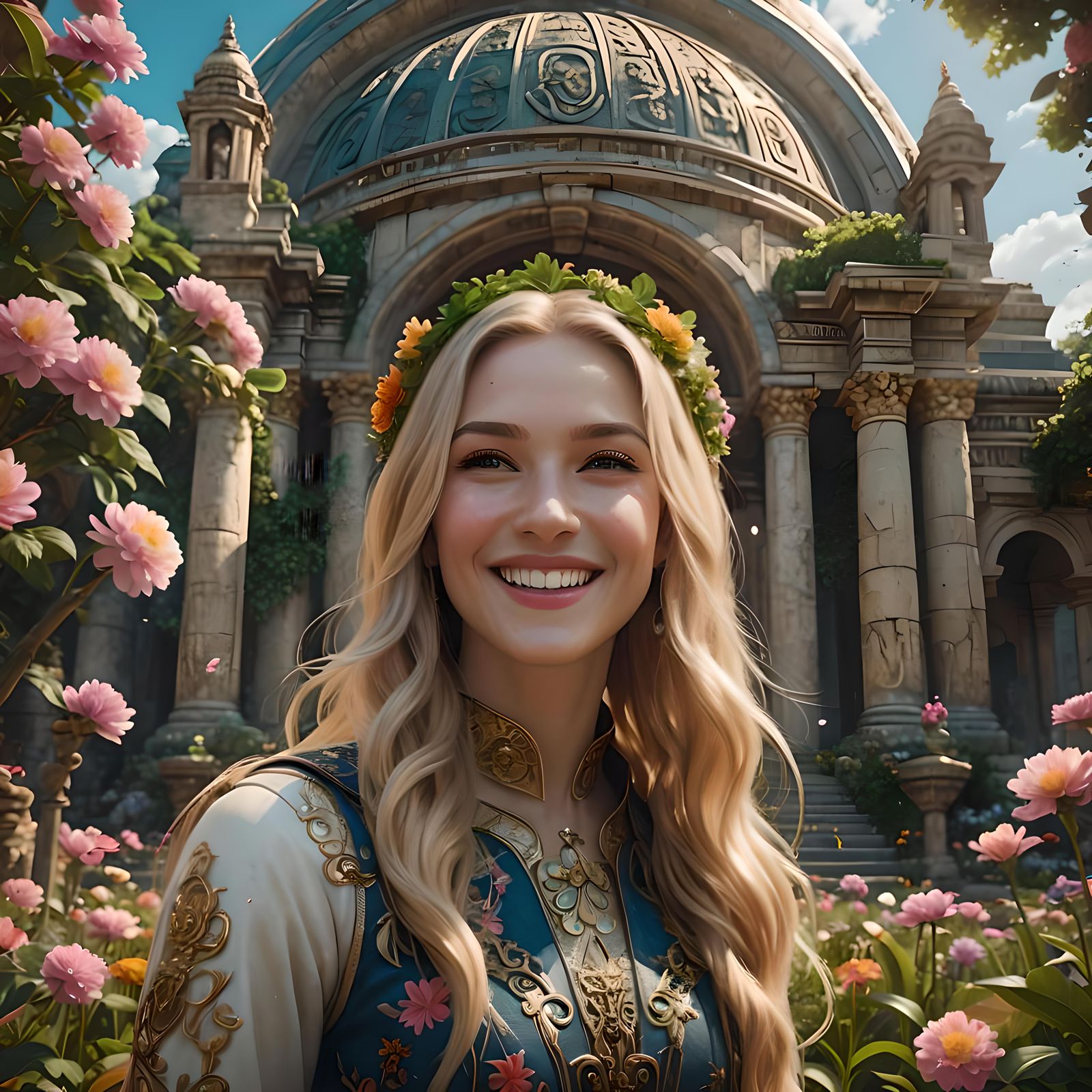 Woman in Flower Garden at Ancient Temple